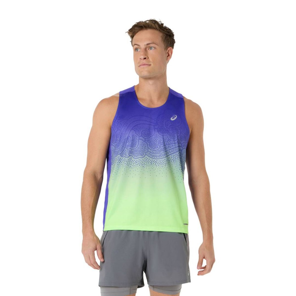 Ärmelloses Asics Road Fade Shirt Blau Grün, Größe XS.