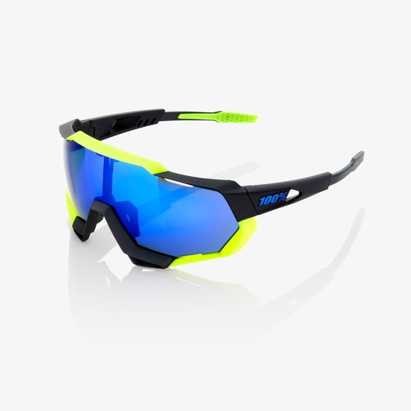 Brille 100% Speedtrap Poliert mattschwarz und neongelb mit elektrischem blauen Spiegel