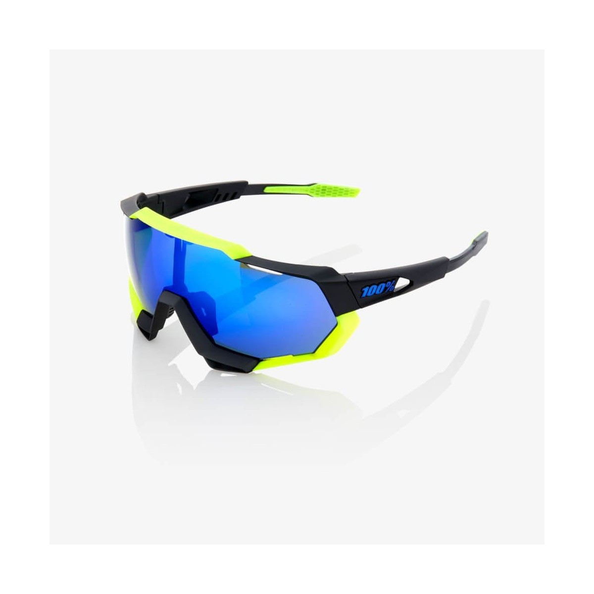 Gafas 100% Speedtrap Polished negro matte y amarillo neon con espejo azul eléctrico