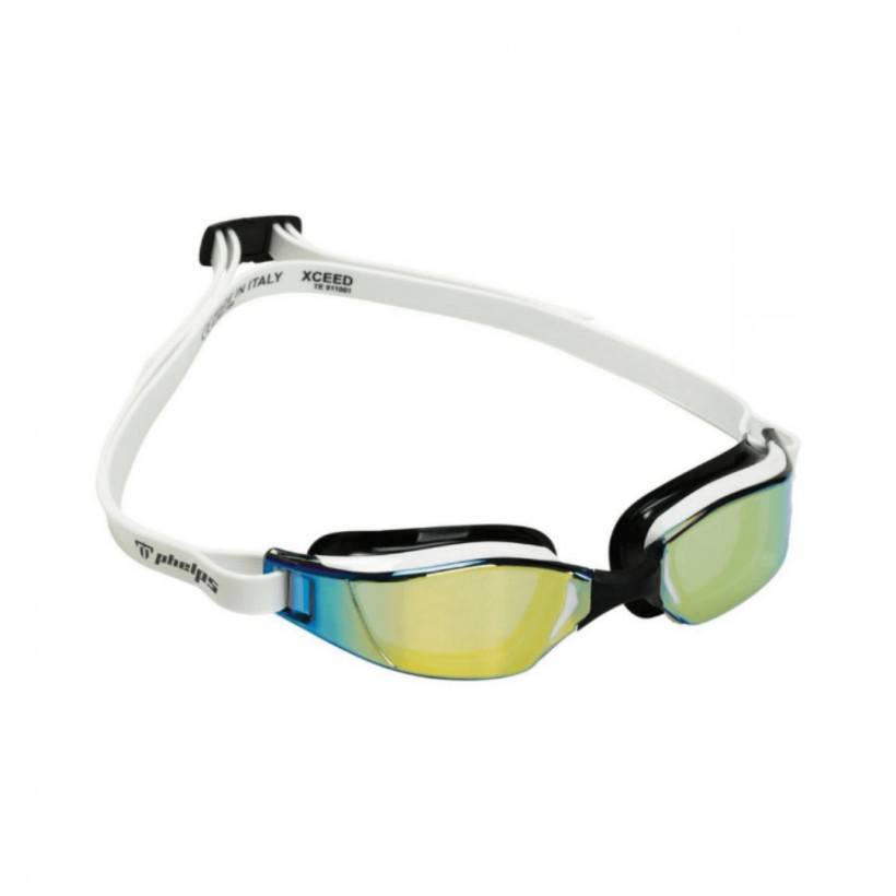 Phelps Xceed Swimming Goggles Black White Gold Mirrored Lenses