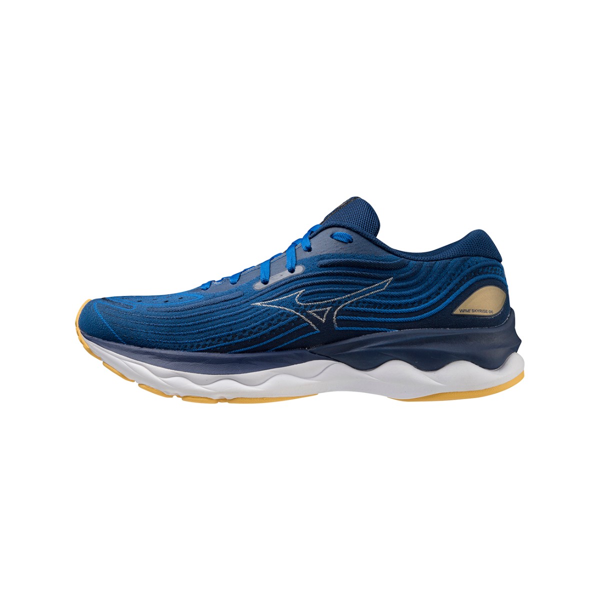 Gr 44  günstig Kaufen-Schuhe Mizuno Wave Skyrise 4 Blau Gold, Größe 44,5 - EUR. Schuhe Mizuno Wave Skyrise 4 Blau Gold, Größe 44,5 - EUR <![CDATA[Mizuno Wave Skyrise 4 Schuhe Blau Gold In diesem Schuh, der für reibungslose Läufe entwickelt wurde, fühlen 