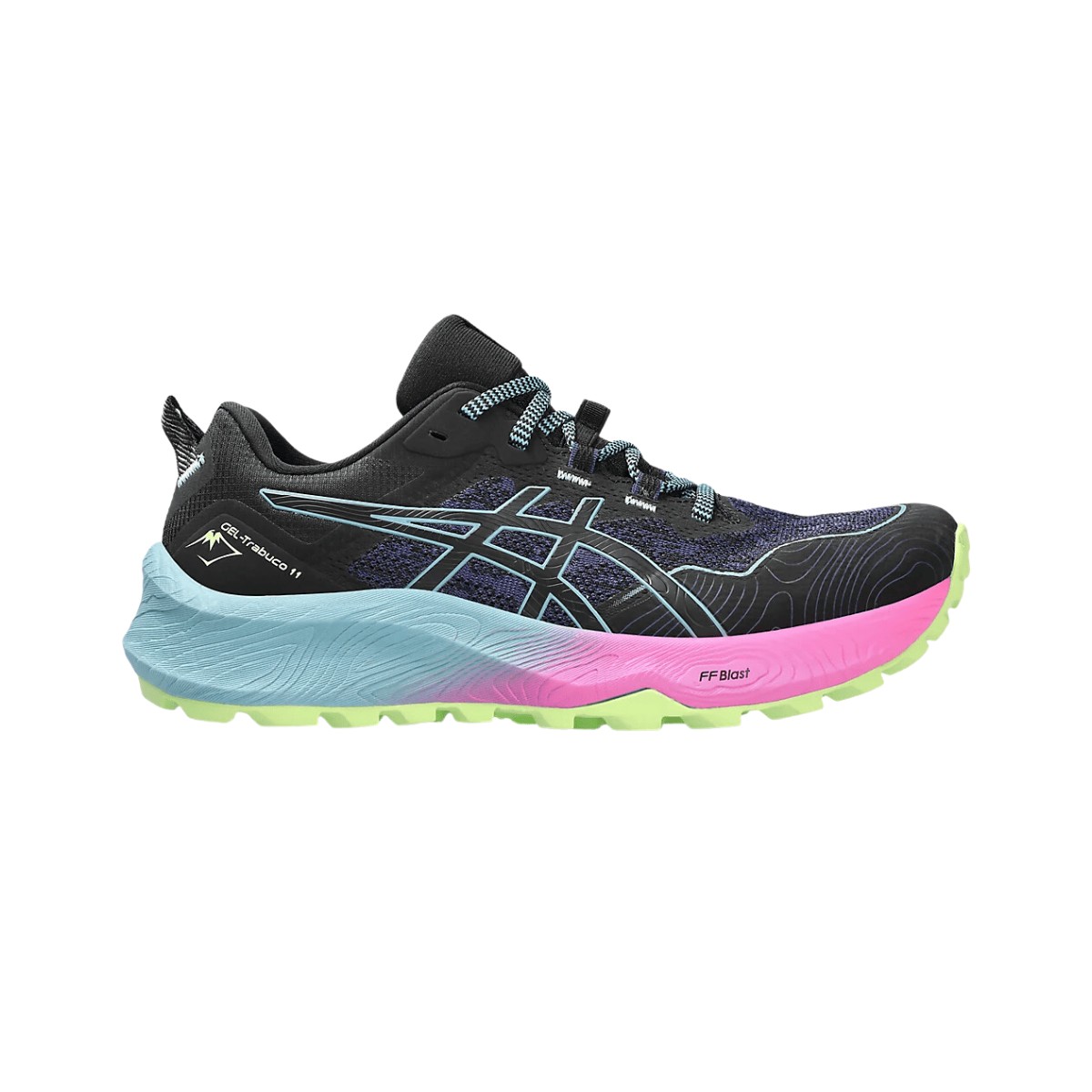 Zapatillas Asics Gel Trabuco 11 Negro Rosado Celeste AW23 Mujer