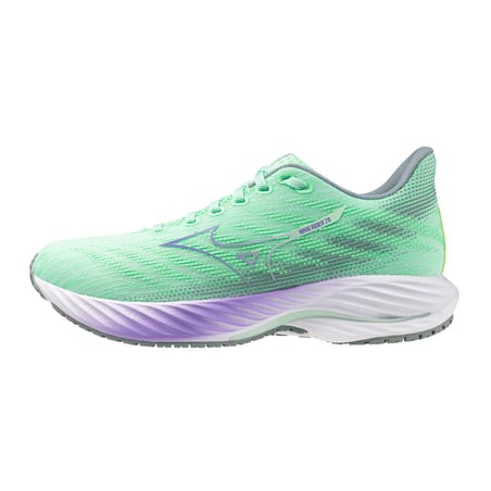 Ténis Mizuno Wave Rider 28 Verde Roxo SS25 Mulher